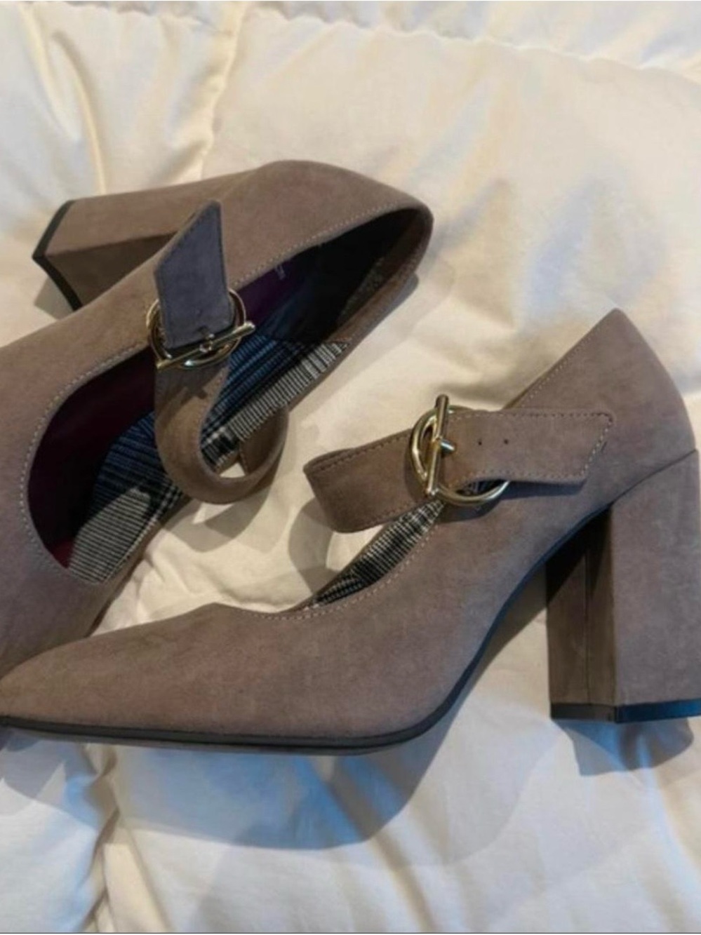 Marks & Spencer Taupe Suede Block Heel Mary Jane Pumps with Gold Buckle